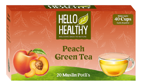 Hello Healthy Peach Green Tea | Pack of 20 bags (2 gms each) | With All Natural Flavors | Makes up to 40 Cups | Helps in Constipation, Lowers Blood Sugar, Weight Loss | Chamomile Flowers Tea