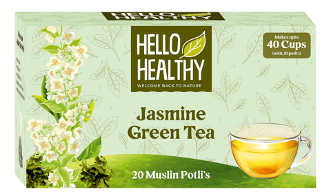 Hello Healthy 100% Jasmine Green Tea | Pack of 20 Bags (2 gms Each) With All Natural Flavours | Makes Upto 40 Cups | Helps In Weight Lose & Boosts Brain Function | Jasmine Flowers Tea