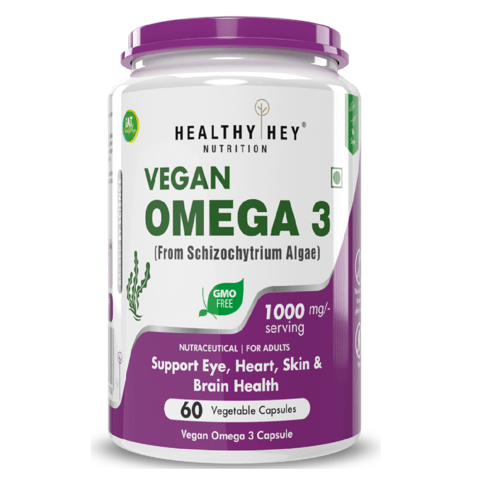 HealthyHey Nutrition Vegan Omega 3 - Support Heart, Brain & Joint - Sourced from Algae - Fish Oil-free  (60 Veg Capsules)