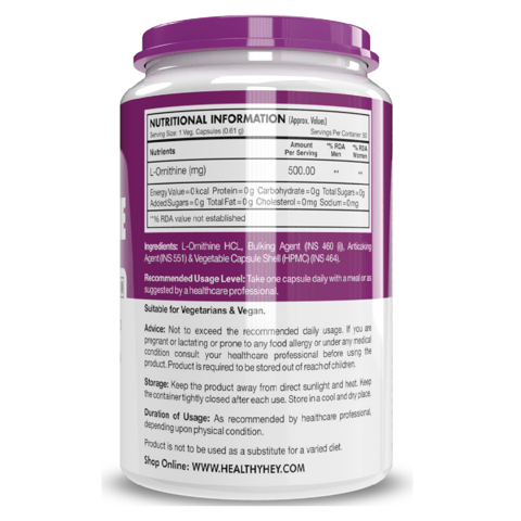 HealthyHey Nutrition L-Ornithine - Supports Lipid Metabolism & Urea Cycle (60 Vegetable Capsules)