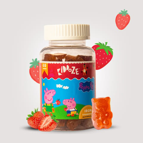 Kiddoze Iron Gummies with free Peppa Pig Toys for Kids between 3 to 16 years of age, Sugarfree, Vegan, Immunity Booster, Improves Hemoglobin and Reduces Fatigue (All Natural Strawberry Flavour) - 60 Count ( Free Surprise Gift Inside)