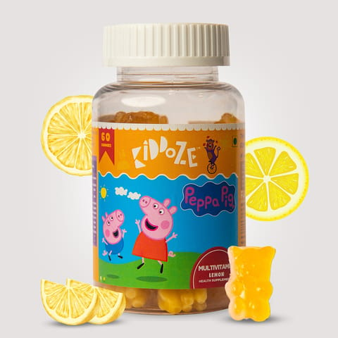 Kiddoze Multivitamin Gummies with free Peppa Pig Toys for Kids between 3 to 16 years of age, Sugarfree, Vegan, Immunity Booster, Promotes Growth (All Natural Lemon Flavour) - 60 Gummies ( Free Surprise Gift Inside)