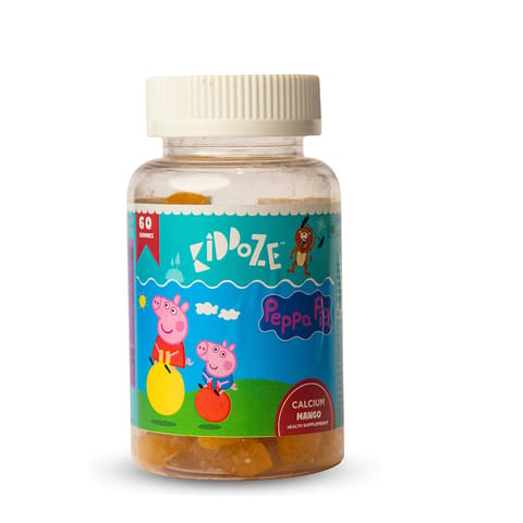 Kiddoze Calcium Gummies with free Peppa Pig Toys for Kids between 3 to 16 years of age, Sugarfree, Vegan, Promotes Bone, Muscle and Teeth Strength (All Natural Mango Flavour) - 60 Gummies ( Free Surprise Gift Inside)