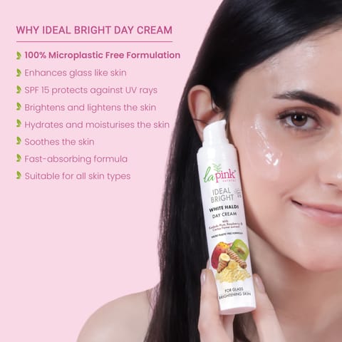 La Pink Ideal Bright Day Cream | 100% Microplastic Free Formula | For Glass like Brightened skin, SPF15, Evens Skin Tone |  All Skin Types (50 gms)