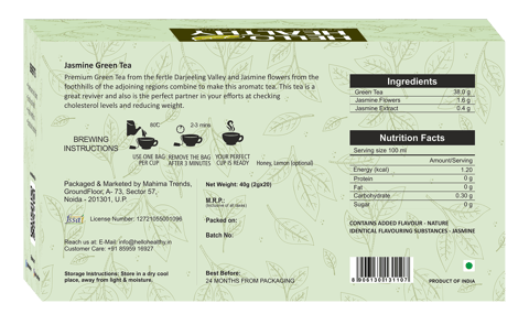 Jasmine Green Tea (Pack of 2, Each Pack Contains 20 Bags, Each of 2 gms) With All Natural Flavours | Makes Upto 80 Cups | Helps In Weight management & Boosts Brain Function