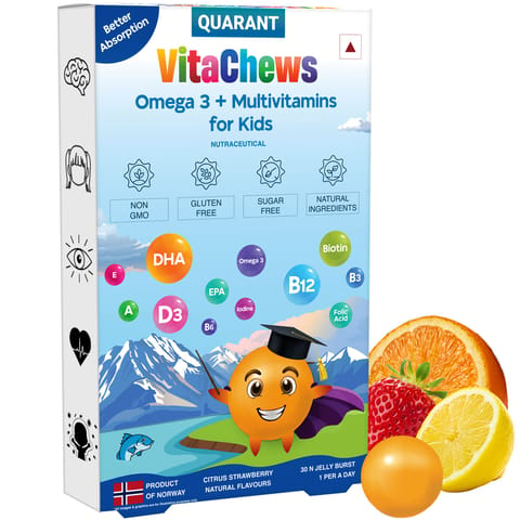 Quarant VitaChews Omega 3 + Multivitamin for Kids, 30 Sugar Free Gummies, DHA + EPA & 10 Vitamins, Booster for Brain, Heart, Eyes, Immunity & Total Health, Natural Citrus Strawberry Flavour