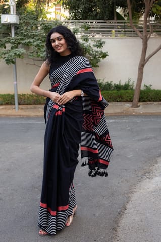 Moora Lady in Black - Hand Block Print Mulmul Cotton Bagru Saree