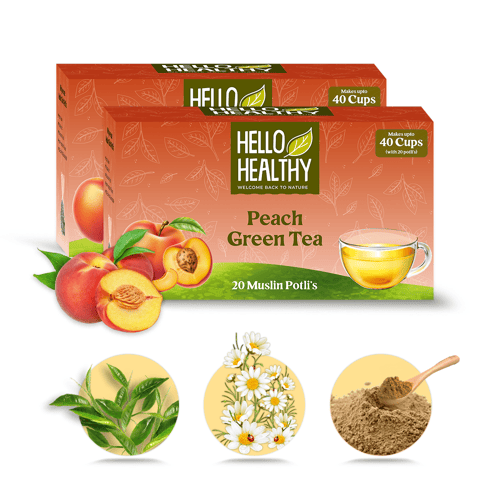 Hello Healthy Peach Green Tea (Pack of 2, Each Pack Contains 20 Bags, Each Bag of 2 gms) | With All Natural Flavors | Makes up to 80 Cups | Helps in Constipation, Lowers Blood Sugar, Weight management | Chamomile Flowers Tea