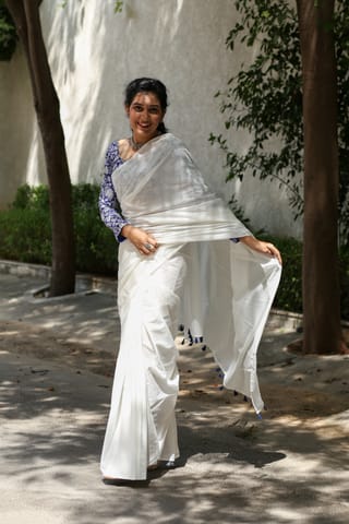Moora Twirl In Pearl- White Mulmul Cotton Saree with Tassels