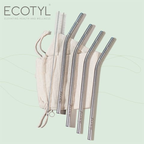 Ecotyl Stainless Steel Straw Bent With Cleaning Brush | Reusable Straws (Set of 4)