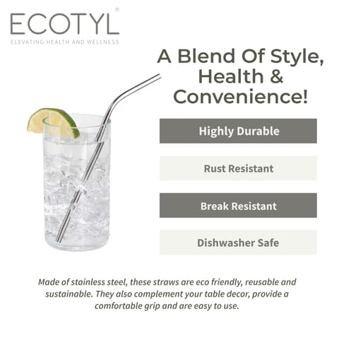 Ecotyl Stainless Steel Straw Bent With Cleaning Brush | Reusable Straws (Set of 4)