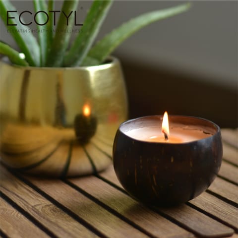 Ecotyl Coconut Shell Candle - Patchouli & Rosewood | Pure Soy Wax (100 gms)