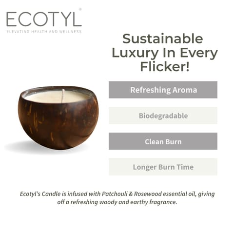 Ecotyl Coconut Shell Candle - Patchouli & Rosewood | Pure Soy Wax (100 gms)