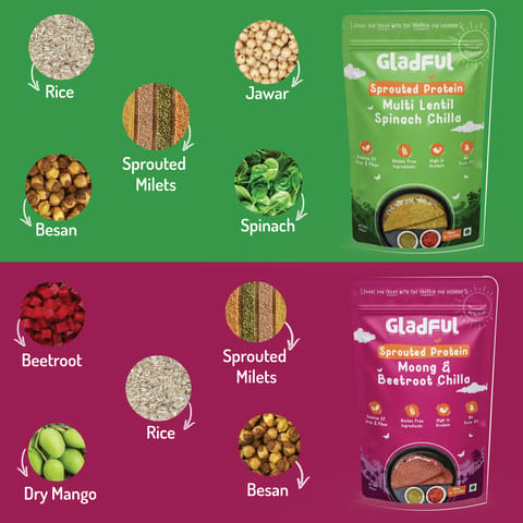 Gladful Sprouted Chilla Beetroot and Spinach Lentils Instant Mix Combo (Pack of 2, Each of 200 gms)