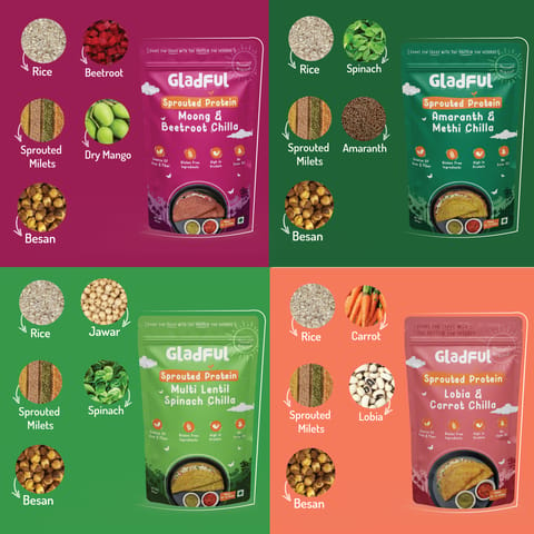 Gladful Sprouted Chilla, Beetroot, Spinach, Carrot Methi - Lentils and Millets Instant Mix Combo (Pack of 4 , Each of 200 gms)
