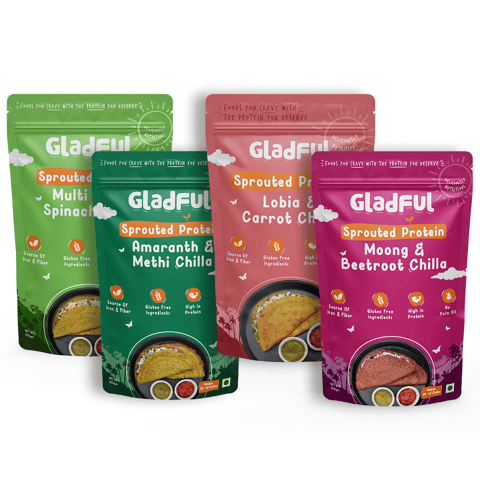 Gladful Sprouted Chilla, Beetroot, Spinach, Carrot Methi - Lentils and Millets Instant Mix Combo (Pack of 4 , Each of 200 gms)