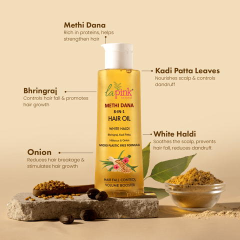 La Pink Methi Dana 8-in-1 Hair Oil for Hair Fall Control | 100% Microplastic Free Formula | Suitable for All Hair Types (150 ml)