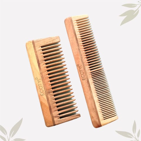 Ecotyl Neem Wood Comb Combo - Detangling Comb & Shampoo Comb | Gentle on Hair | Prevents Dandruff (Set of 2)