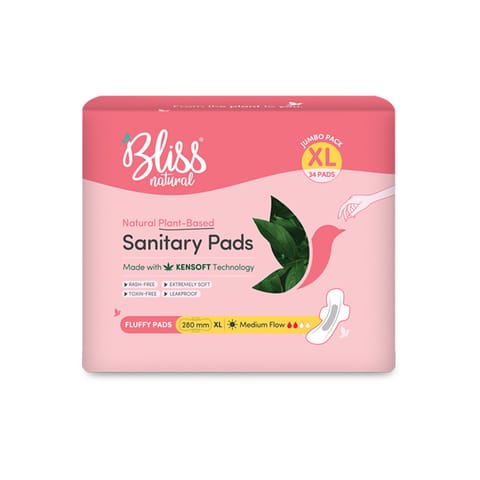 BLISSNATURAL Organic Sanitary Pads For Women | Fluffy Jumbo | Size - XL | Ultra Soft Cotton Pads (Pack of 34 Sanitary Pads)