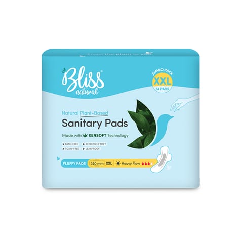 BLISSNATURAL Organic Sanitary Pads For Women | Fluffy Jumbo | Size-XXL | Ultra Soft Cotton Pads (Pack of 34 Sanitary Pads)