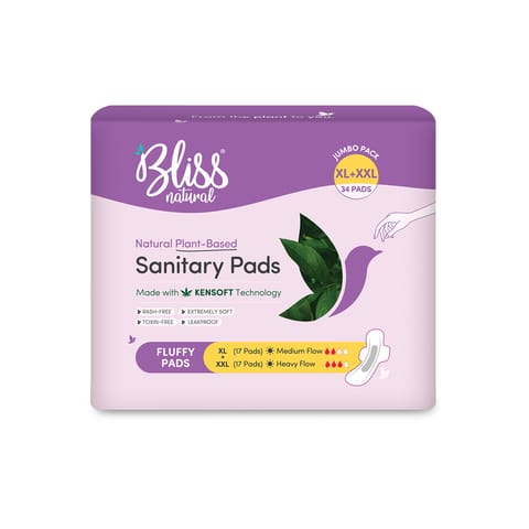 BLISSNATURAL Organic Sanitary Pads For Women | Fluffy Jumbo | Size - XL, XXL | Ultra Soft Cotton Pads (Pack of 34 Sanitary Pads)