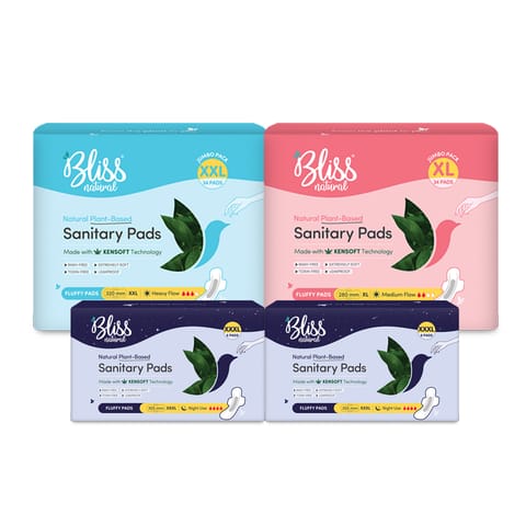 BLISSNATURAL Organic Sanitary Pads For Women | Fluffy Jumbo Mix | Size - XXXL, XL, XXL | Ultra Soft Cotton Pads (Pack of 80 Sanitary Pads)