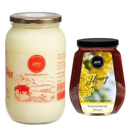 Pure Whites Desi Ghee (Buffalo) 900 ml and Acacia Honey 500 gm (Combo Pack)