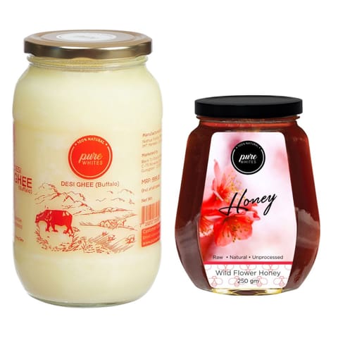 Pure Whites Desi Ghee (Buffalo) 900 ml and WildFlower Honey 250 gms (Combo Pack)