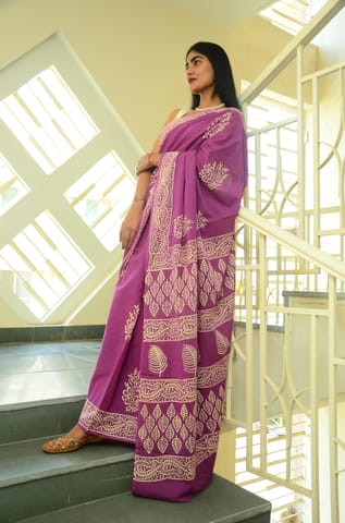 SainSisters Poppins Collection - Purple Poppins Candy - Handblock Print Natural Dyed - Mulmul Cotton Saree