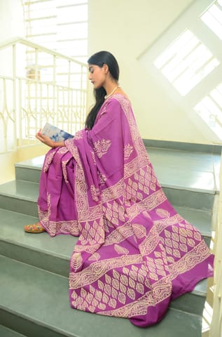 SainSisters Poppins Collection - Purple Poppins Candy - Handblock Print Natural Dyed - Mulmul Cotton Saree