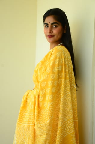 SainSisters Poppins Collection - Yellow Poppins Candy - Handblock Print Natural Dyed - Mulmul Cotton Saree