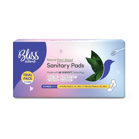 BLISSNATURAL Organic Sanitary Pads For Women | Trial Pack | Size - L, XL, XXL Ultra Soft Cotton Pads (Pack of 12 Sanitary Pads)