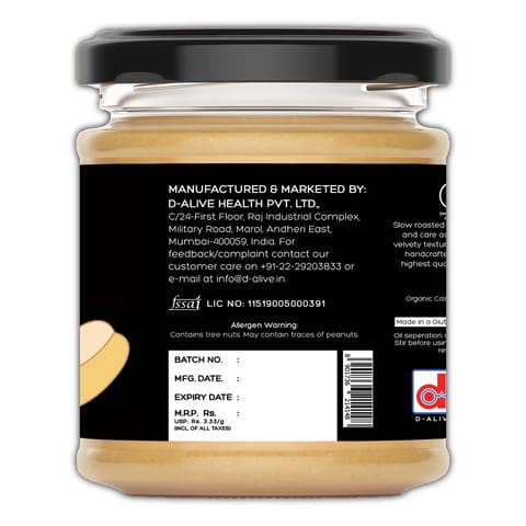 D Alive Organic Cashew Butter (Unsweetened - 180 gms)