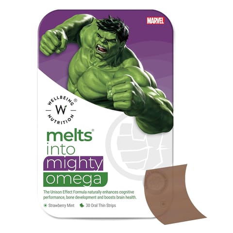 Wellbeing Nutrition Marvel Hulk Melts Kids Vegan Omega-3 (EPA & DHA) Strawberry Flavor (30 Oral Strips)