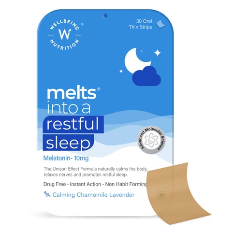 Wellbeing Nutrition Melts Restful Sleep Melatonin 10mg for Natural Sleep Cycle (30 Oral Strips)