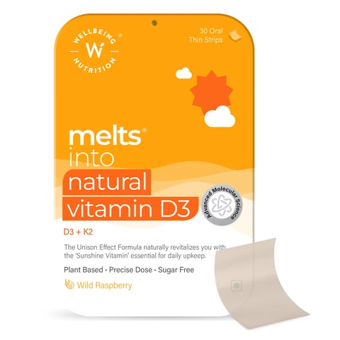 Wellbeing Nutrition Melts Natural Vitamin D3 + K2 with Vitashine & MenaquinGold with 100% RDA (30 Oral Strips)