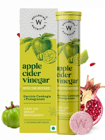 Wellbeing Nutrition Apple Cider Vinegar (ACV) with Mother & Garcinia Cambogia, Pomegranate| Weight Management, Gut Health, Supports Digestion, Boosts Metabolism (17 Effervescent Tablets)