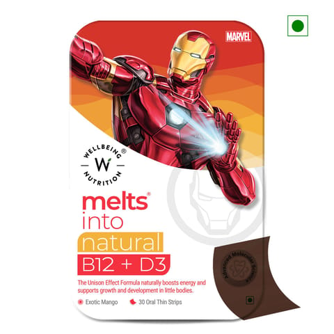 Wellbeing Nutrition Kids Iron Man Melts Organic Vitamin B12, D3+K2, and Folate - Mango (30 Oral Strips)