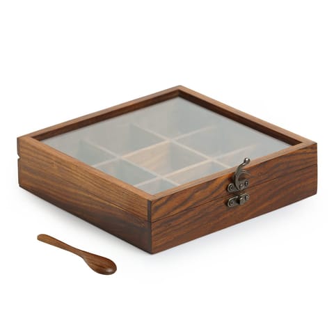 Homegrown Platter Wooden Table Top Masala Dabba Containers Jars & Kitchen Spice Box with Spoon Masala Box For Kitchen (Sheesham Wood, Removable Partitions, Brown)
