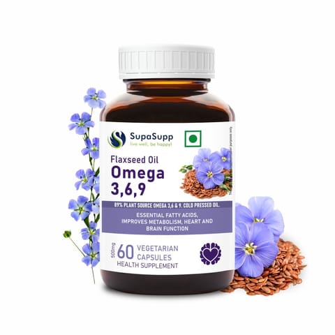 SupaSupp Flaxseed Oil Omega 3,6,9 By Sri Sri Tattva | Essential Fatty Acids, Improves Metabolism, Heart And Brain Function | Health Supplement | (60 Veg Capsules)