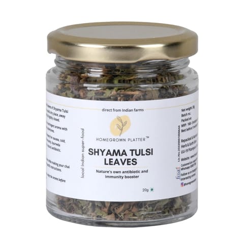 Homegrown Platter Shyama Tulsi Leaves for Tea | Chai Masala | Herbal Tea | Antioxidant Rich Natural Sun Dried | Queen of Herbs | Granules For Tea, Smoothie | Herbal Green Tea - 20 gms