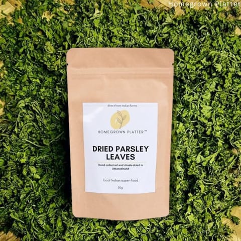 Homegrown Platter Dried Parsley Leaves - 50 gms | Organic Seasoning | Herbal Tea | Marination, Condiment | Loose Leaves