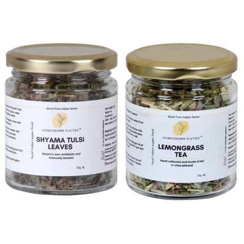 Homegrown Platter Tulsi Leaves Tea 20 gms | Lemongrass Leaves Tea 25 gms | Herbal Tea | Holy Basil Tea | Loose Leaf Teas | Natural Detox Green Tea | Tea Combo Pack of 2