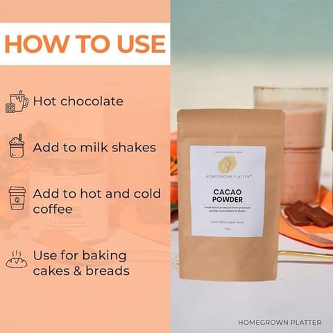 Homegrown Platter Raw Cacao Powder from Kerala [Non-Alkalized] | Baking | Hot Chocolate | High in Antioxidants | Use in Smoothies & Truffles | Unsweetened & Non-Alkalised - 150 gms
