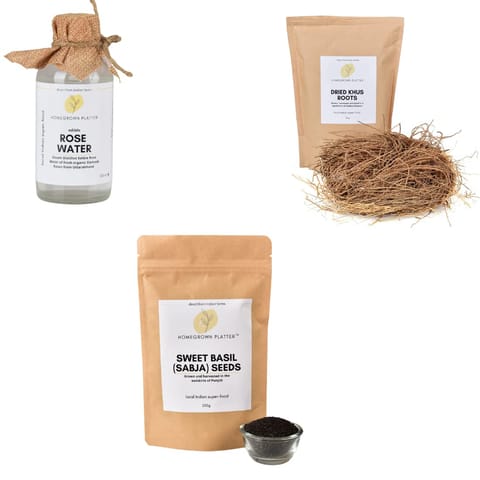 Homegrown Platter Gut Cooling COMBO | Sabja Seeds, Edible Rose Water & Vetiver Roots | Pack of 3 | Cooling for gut | Reduces Body Heat