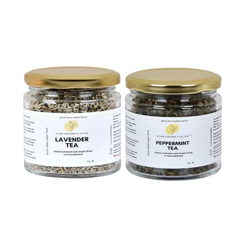 Homegrown Platter Peppermint Leaves Tea - 20 gms & Lavender Flower Tea - 20 gms Combo Tea | Antioxidant Rich | Zero Caffeine & Relaxing Tea