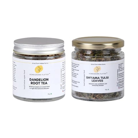 Homegrown Platter Shyama Tulsi Leaves - 20 gms & Dandelion Root Tea - 50 gms Combo Tea | Chai Masala | Herbal Tea
