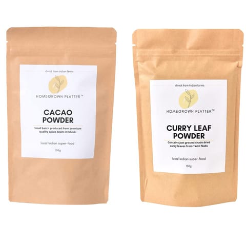 Homegrown Platter Curry Leaf Powder - 150 gms | Raw Cacao Powder from Kerala - 150 gms | Combo Pack of 2 | Cooking & Baking | Hot Chocolate | Smoothies