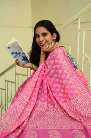 SainSisters Poppins Collection - Pink Poppins Candy - Handblock Print Natural Dyed - Mulmul Cotton Saree