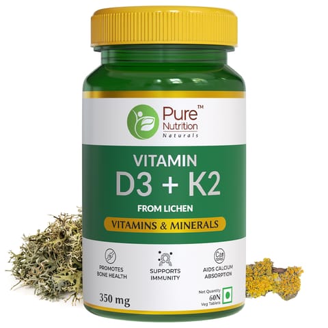 Pure Nutrition Vitamin D3 + K2 l Vitamin D3 supplement for Strong Bones (60 Veg Tablets)